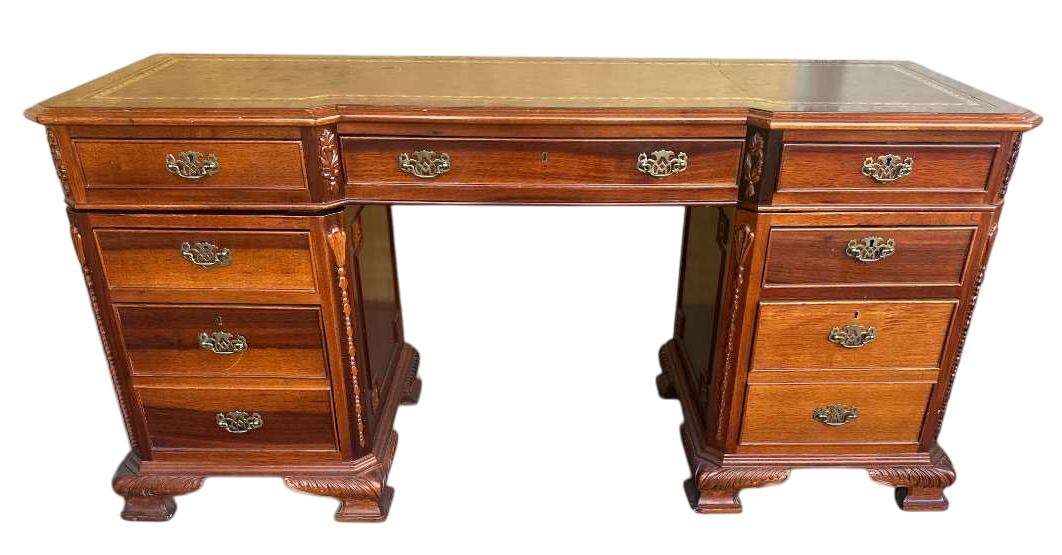 Carved Mahogany Double Pedestal Desk With Tooled Leather Top - Vintage Late 20th Century - Image 4