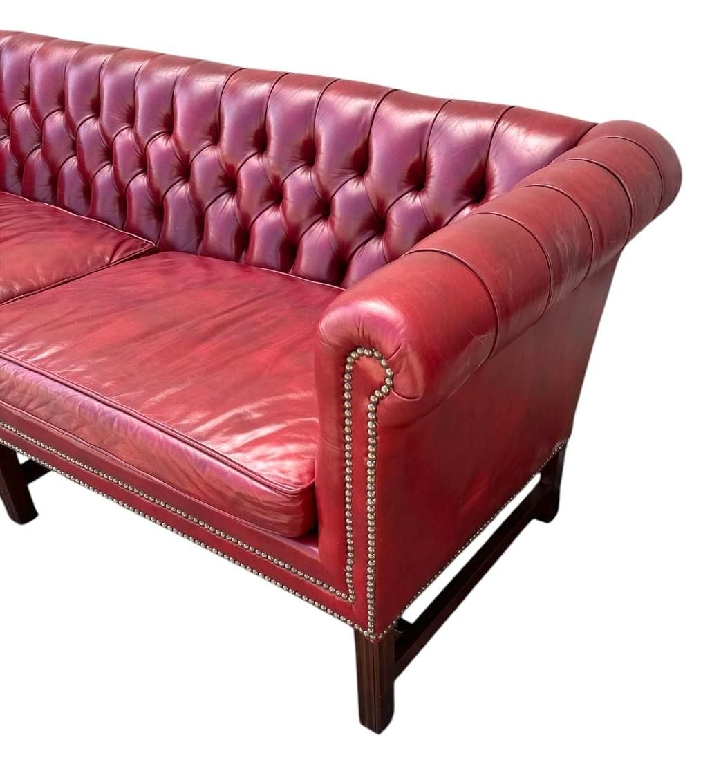 Cherry Red Leather and Mahogany Chesterfield Sofa by St. Timothy of Hickory, North Carolina - Image 4