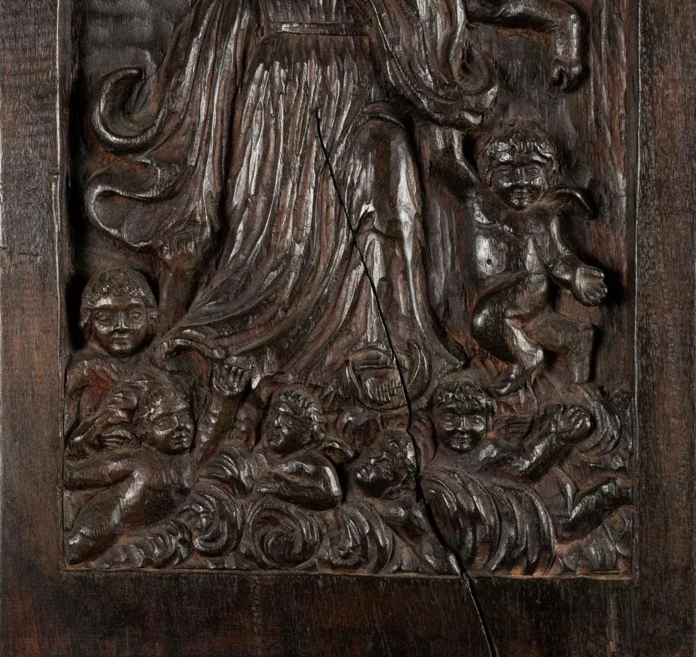 18th Century Spanish Colonial Religious Carved Wood Bas Relief Panel - Nuestra Señora Reina De Los Ángeles - Image 4