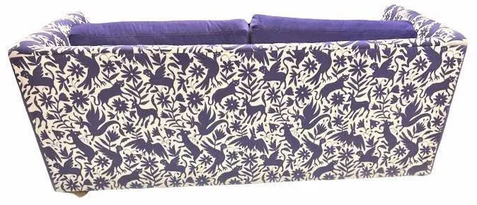 Otomi Print and Velvet Upholstery on Large Mid 20th Century Vintage Hollywood Regency Tuxedo Sofa - Image 4