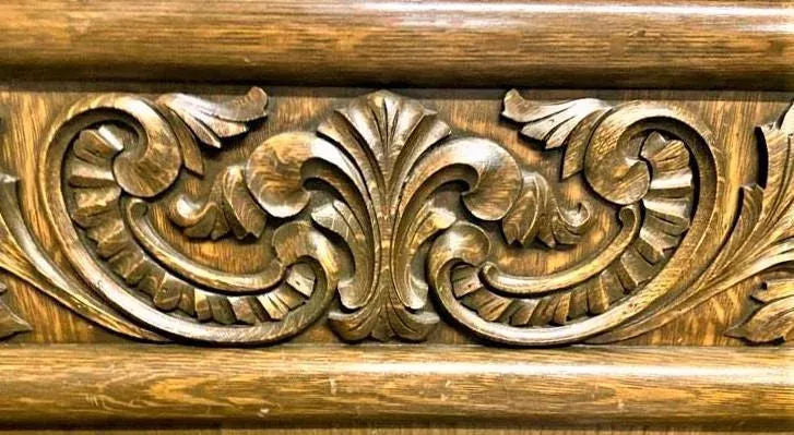 Antique William Morris Style English Arts & Crafts Movement Oak Carved High Back Monk's Bench - Image 4