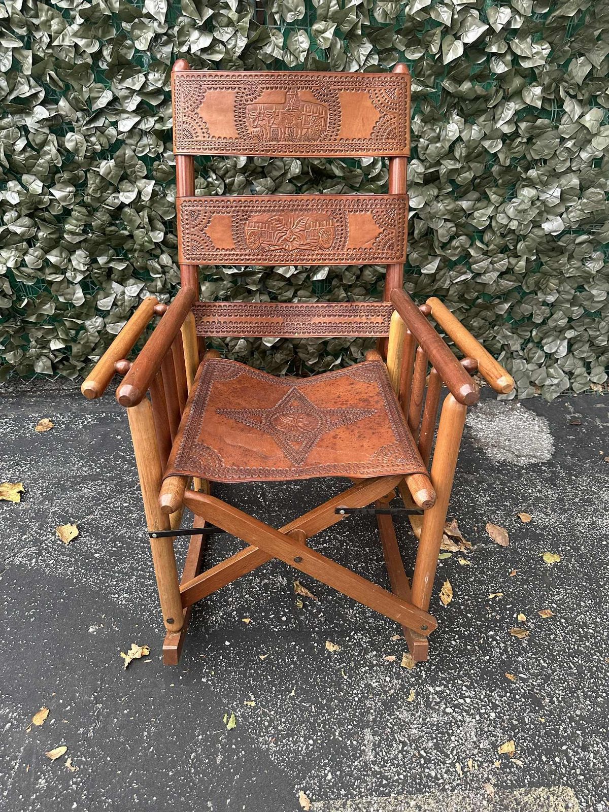 Late 20th Century Costa Rican Vintage Teak and Embossed Leather Folding Rocking Chairs - A Pair - Image 4