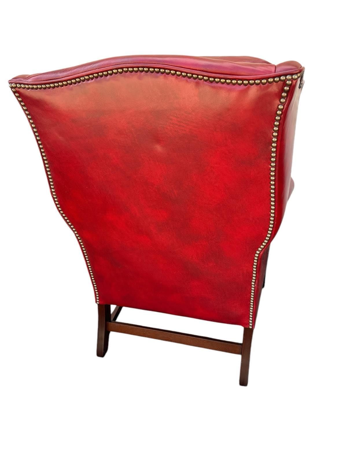 Cherry Red Leather and Mahogany Wingback Chair From St. Timothy of Hickory, North Carolina - Image 4