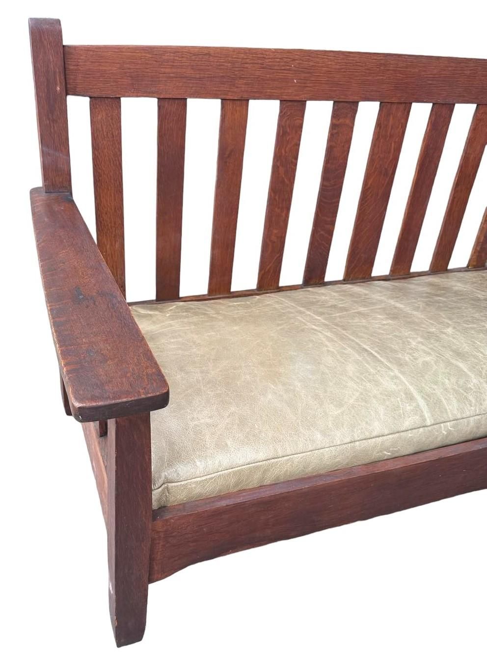 Antique Stickley Brothers Grand Rapids Mission Oak Settee With New Pullup Leather Seat Upholstery - Circa 1900 - Image 4