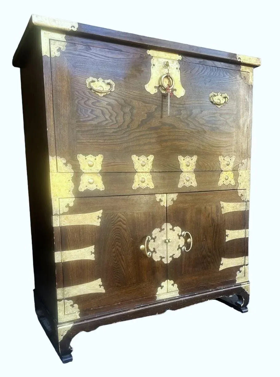 Korean Elmwood and Brass Campaign Style Secretary Desk - Vintage Late 20th Century - Image 4