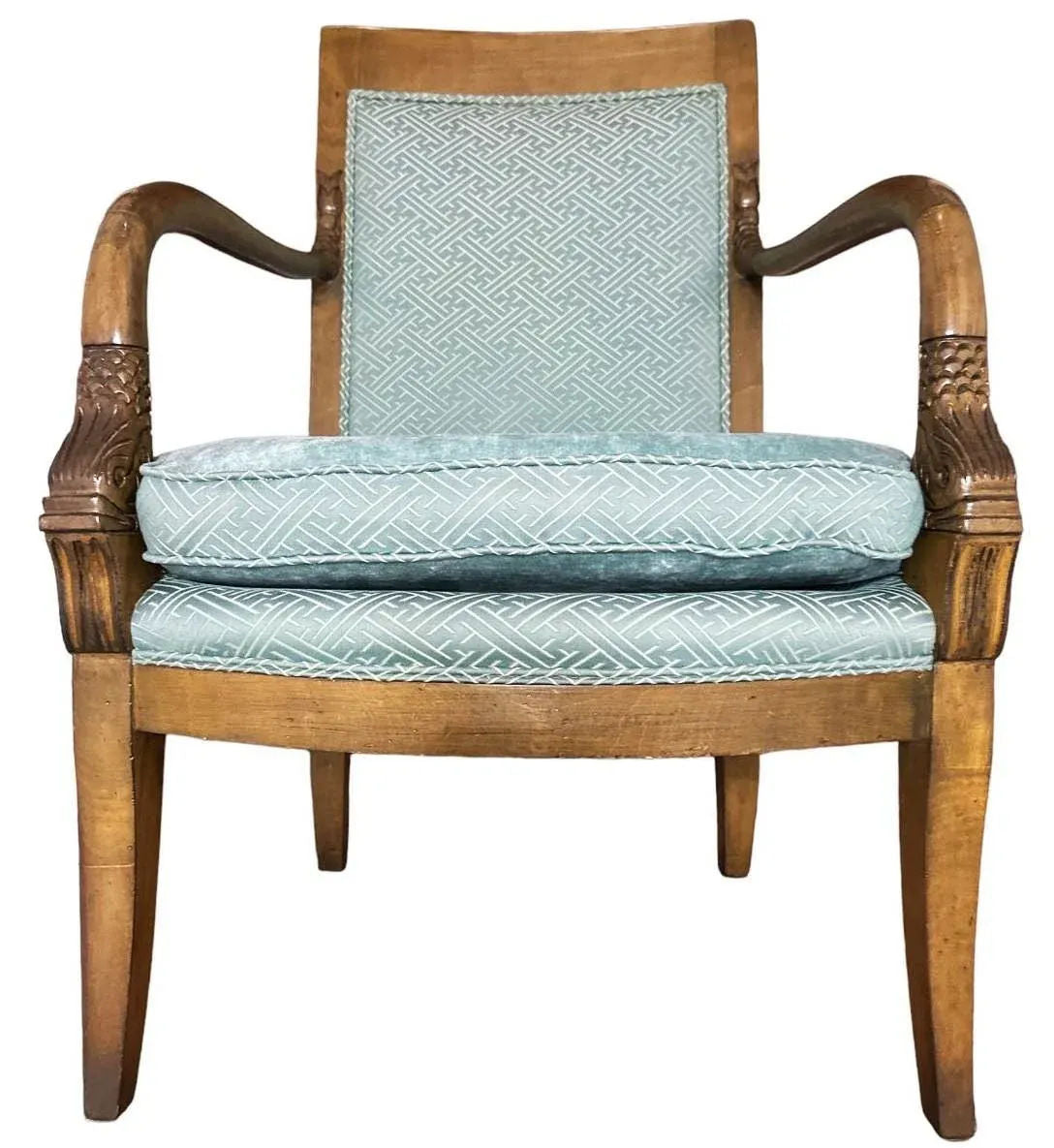 Baker Furniture Empire Style Carved Walnut Chair With Celadon Greek Key and Velvet Upholstery - Circa 1940s - Image 4
