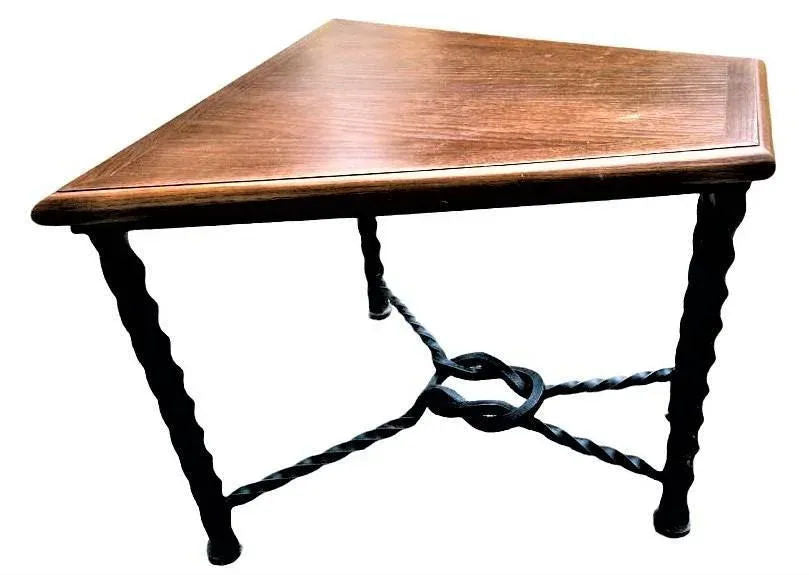 Mid 20th Century Trapezoid Oak and Wrought Iron Side Table - Image 4