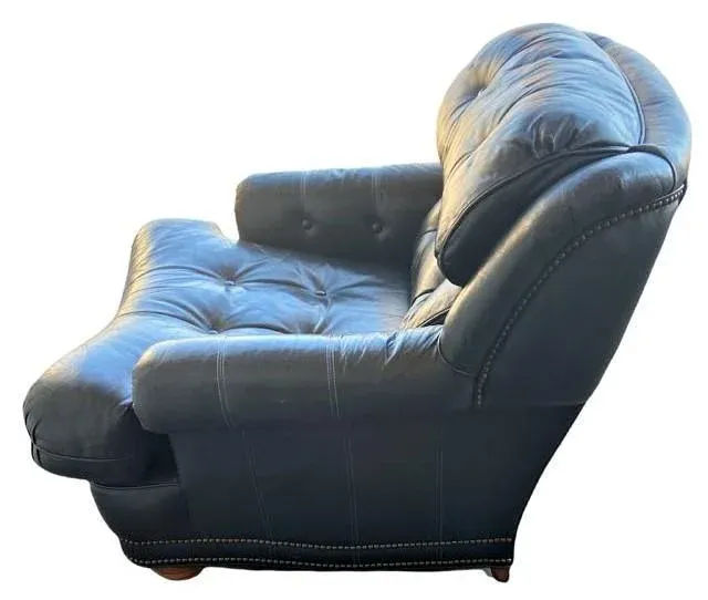 Vintage Button Tufted Leather Dark Blue Chair Made in North Carolina - Late 20th Century - Image 4
