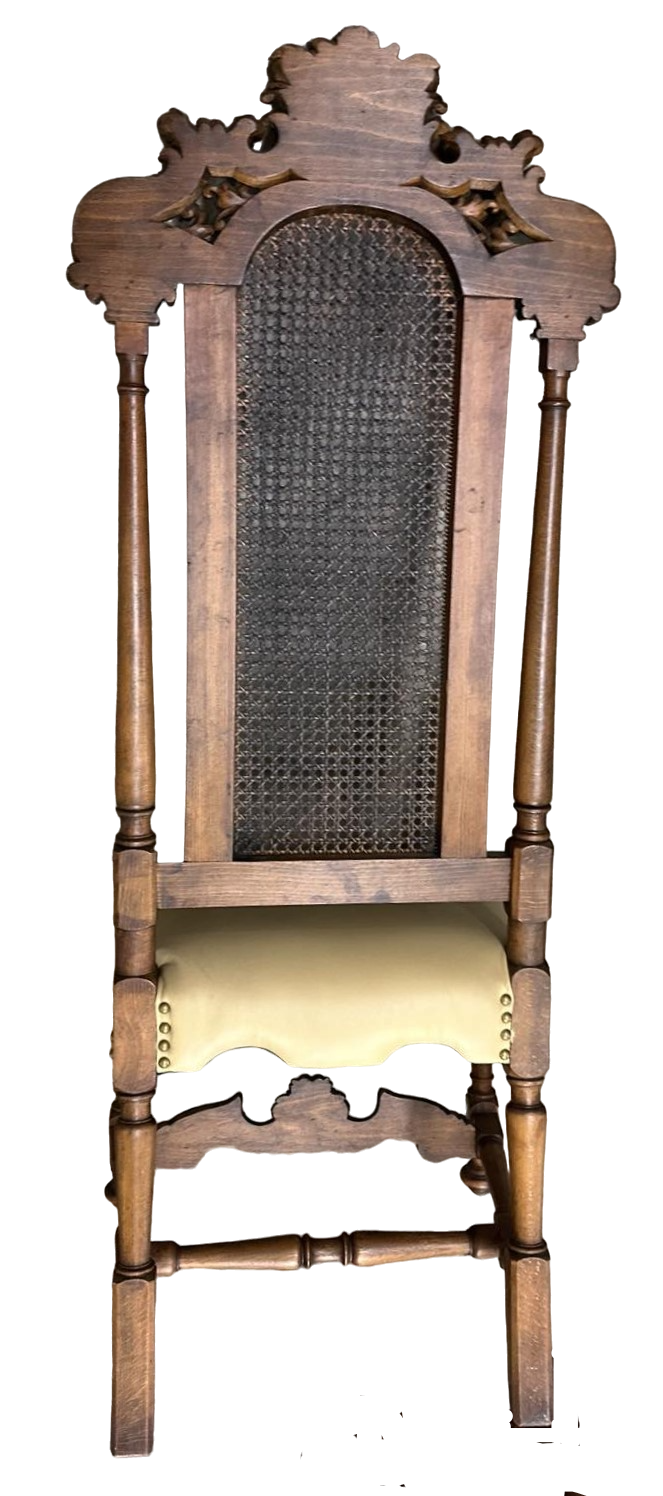 Antique 19th Century Ornately Carved Oak and Caning Renaissance Revival Chairs With New Leather Seat Upholstery - a Pair - Image 4