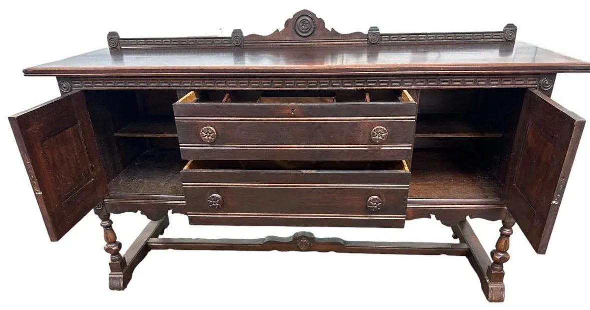 Rare Antique 1920s Baker Furniture Company Walnut Spanish Revival 72" Buffet Sideboard Made in Allegan, Michigan - Image 4