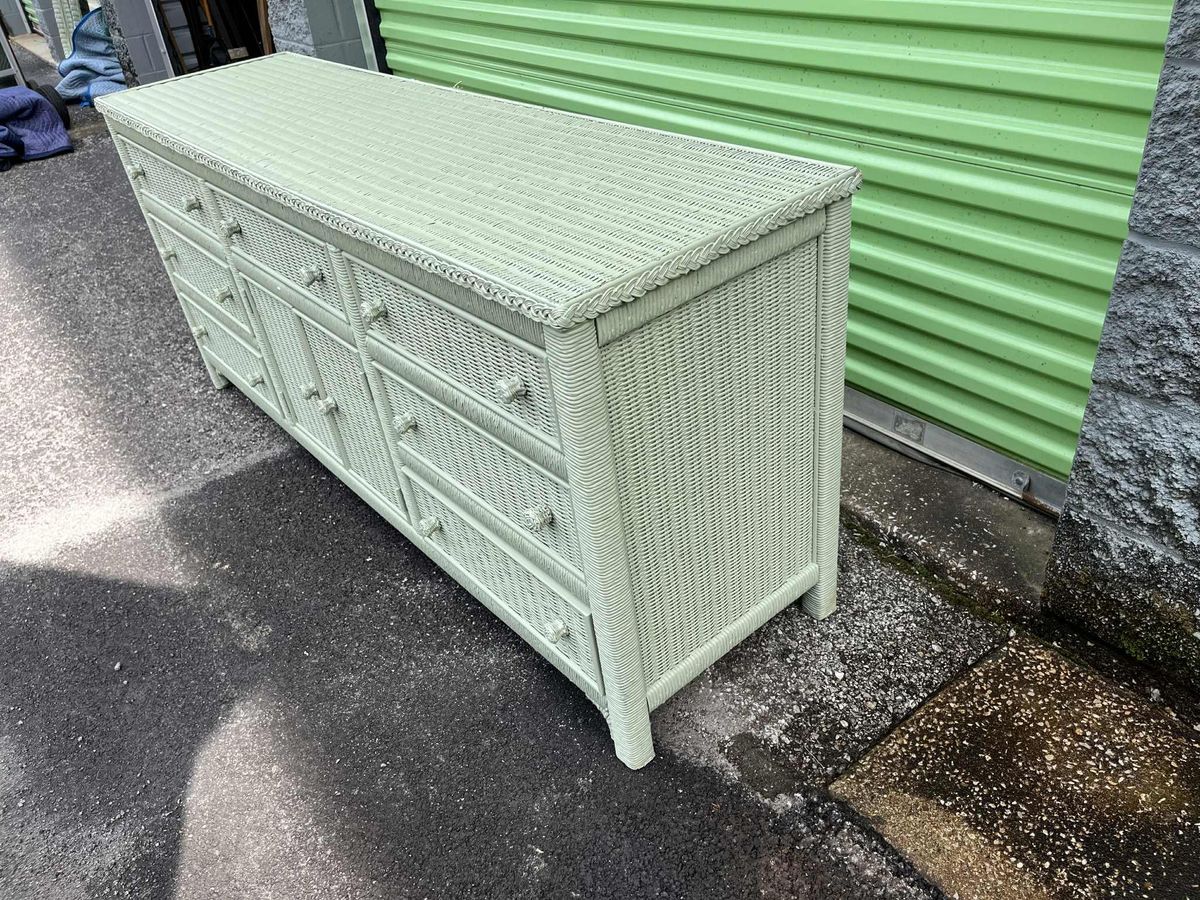 Henry Link Lexington Coastal Wicker Dresser and Mirror Set Circa 1980s - Newly Painted in Sage - Image 4