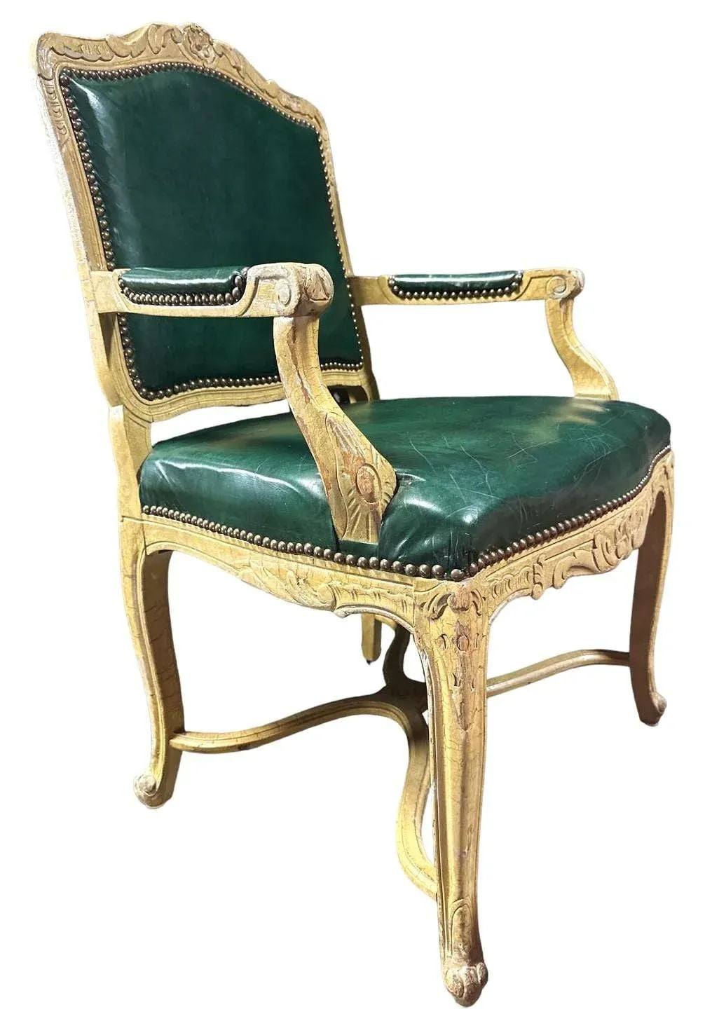 Vintage French Louis XV Fauteuils With Leather Upholstery and Distressed Finish - Late 20th Century - Image 4