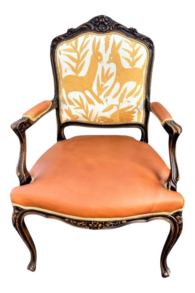 Pair of Vintage Chateau d'Ax Fauteuils With Otomi Hand Embroidery and Cognac Leather - Mid 20th Century - Image 4
