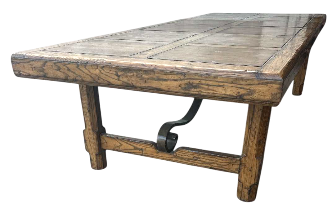 Late 20th Century Monumental Spanish Rustic Style Solid Oak Refectory Table With Heavy Iron Cursive Stretchers - Image 4