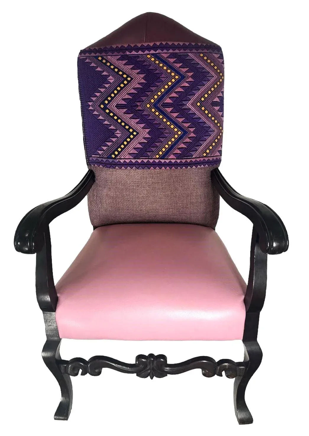Antique Hacienda Style Chair With New Upholstery of Mauve and Rose Hand Embroidery and Leather - Image 4