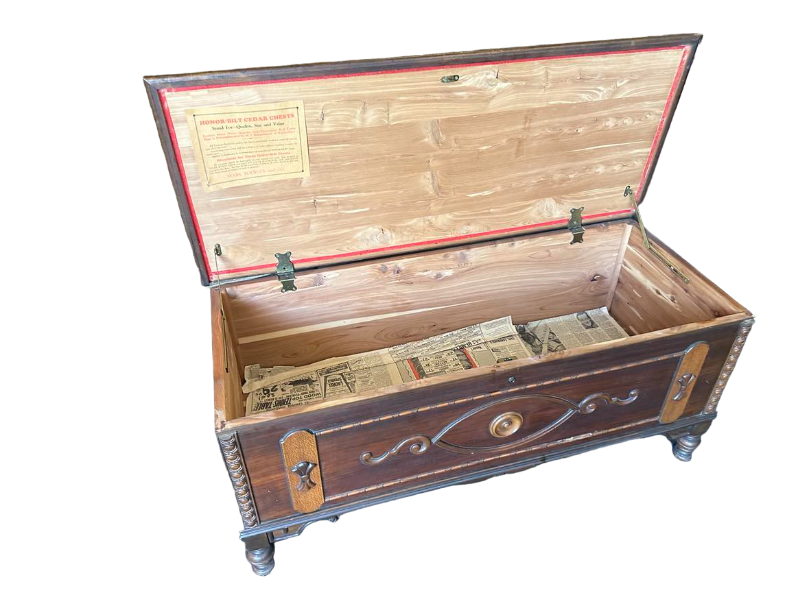 Antique 1920s Spanish Revival Walnut and Burlwood Cedar Chest - Image 4
