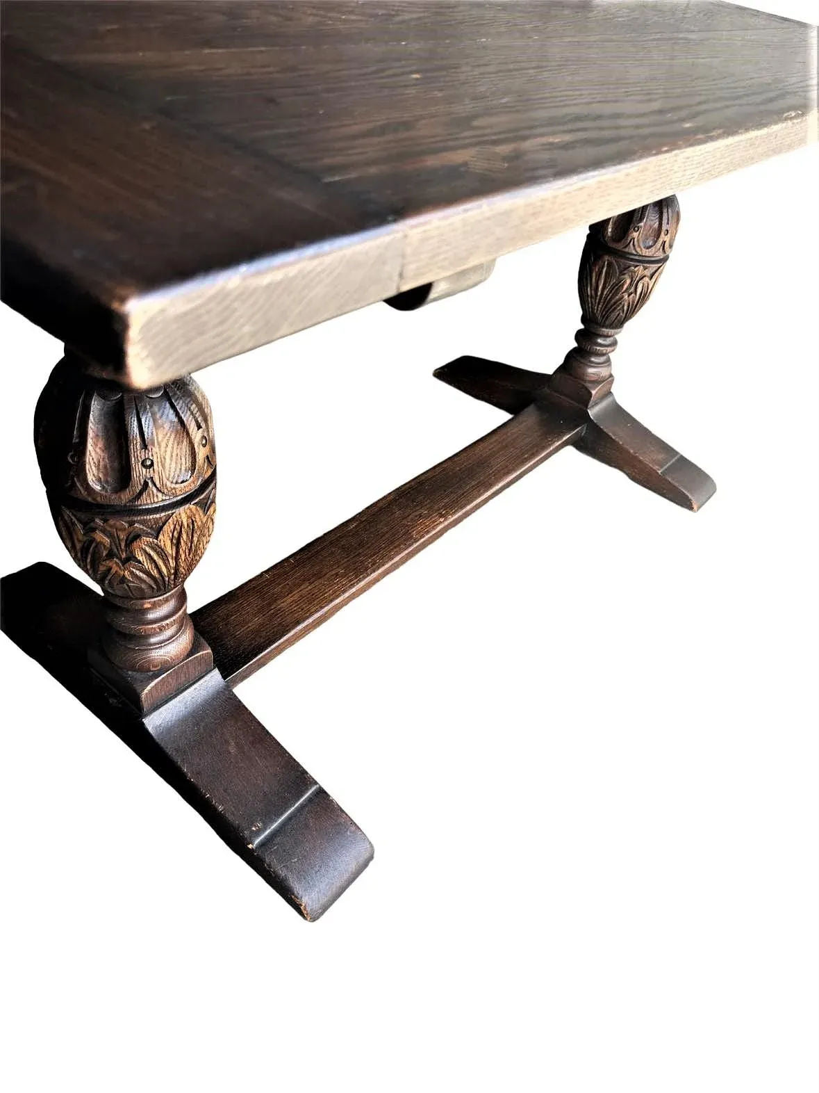 Antique Jacobean or Spanish Revival Dark Oak Trestle Library Table or Dining Table by Kensington Furniture Company - Image 4