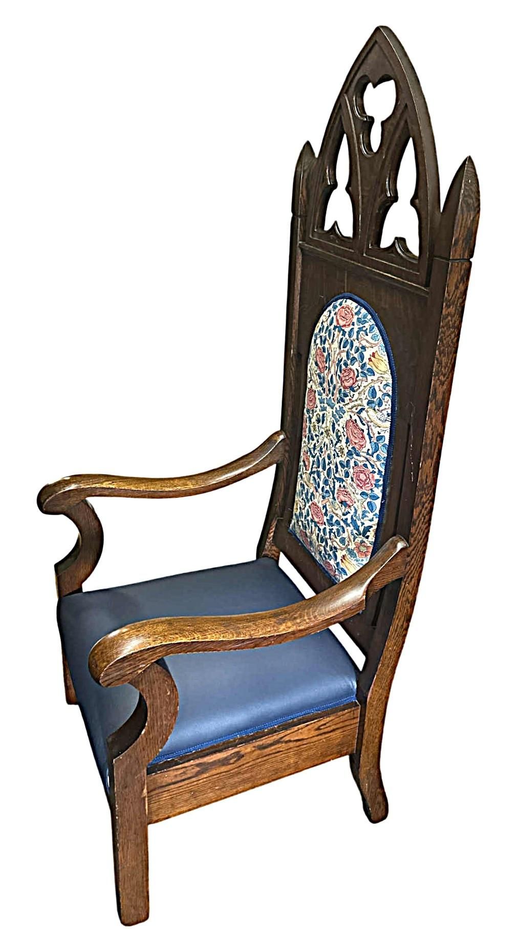 19th Century English Oak Bishop’s Throne Reupholstered With Leather and William Morris ‘Rose’ Linen - Image 4