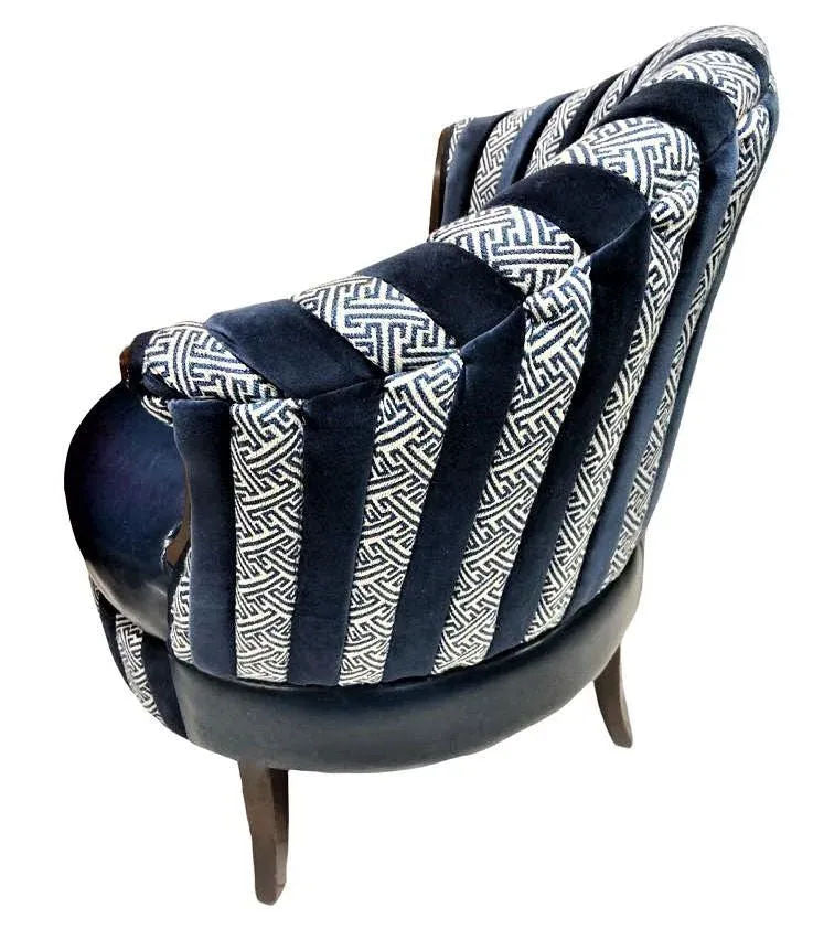 Mid 20th Century Round Accent Chair Reupholstered With Blue Velvet and Greek Key Fabric - Image 4