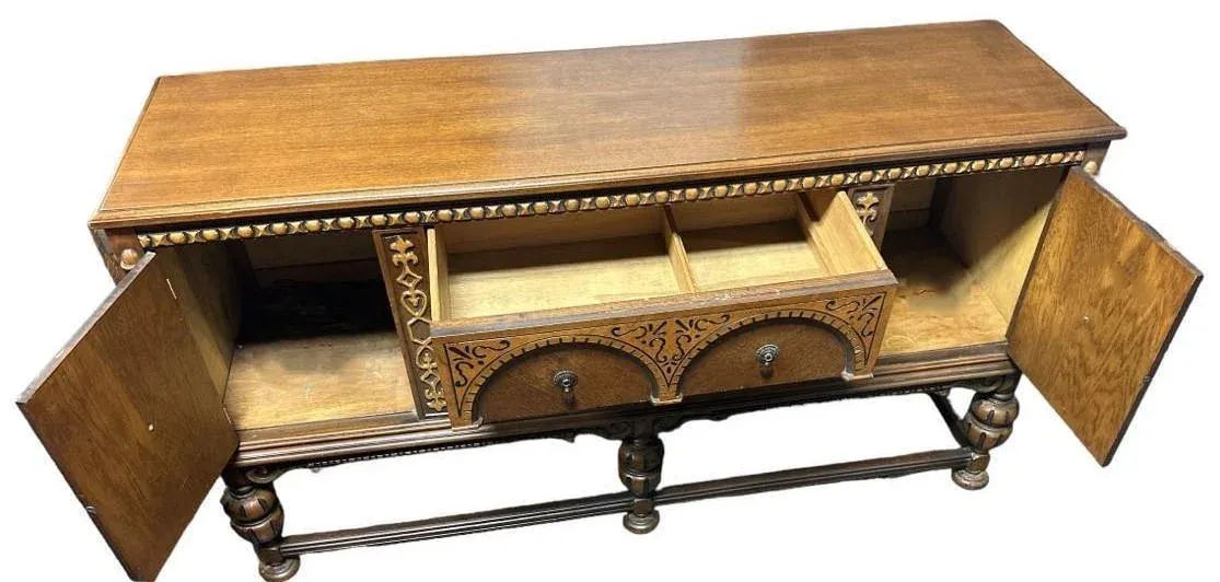 Antique 1920s Moorish Spanish Revival Walnut and Burlwood 66" Buffet Credenza - Image 4