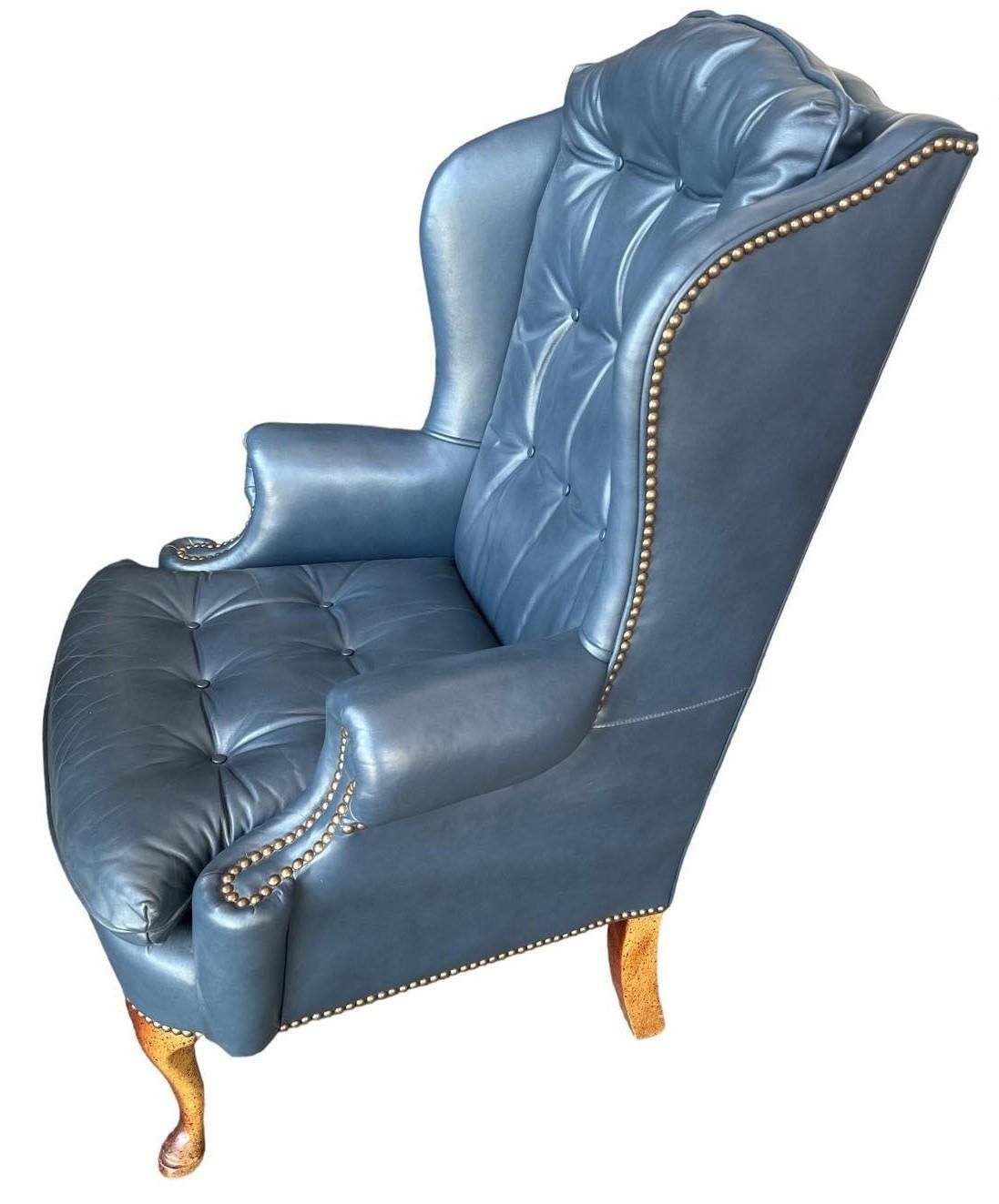 1980s Cornflower Blue Tufted Leather Chair and Ottoman Set Made in Hickory, North Carolina - Image 4