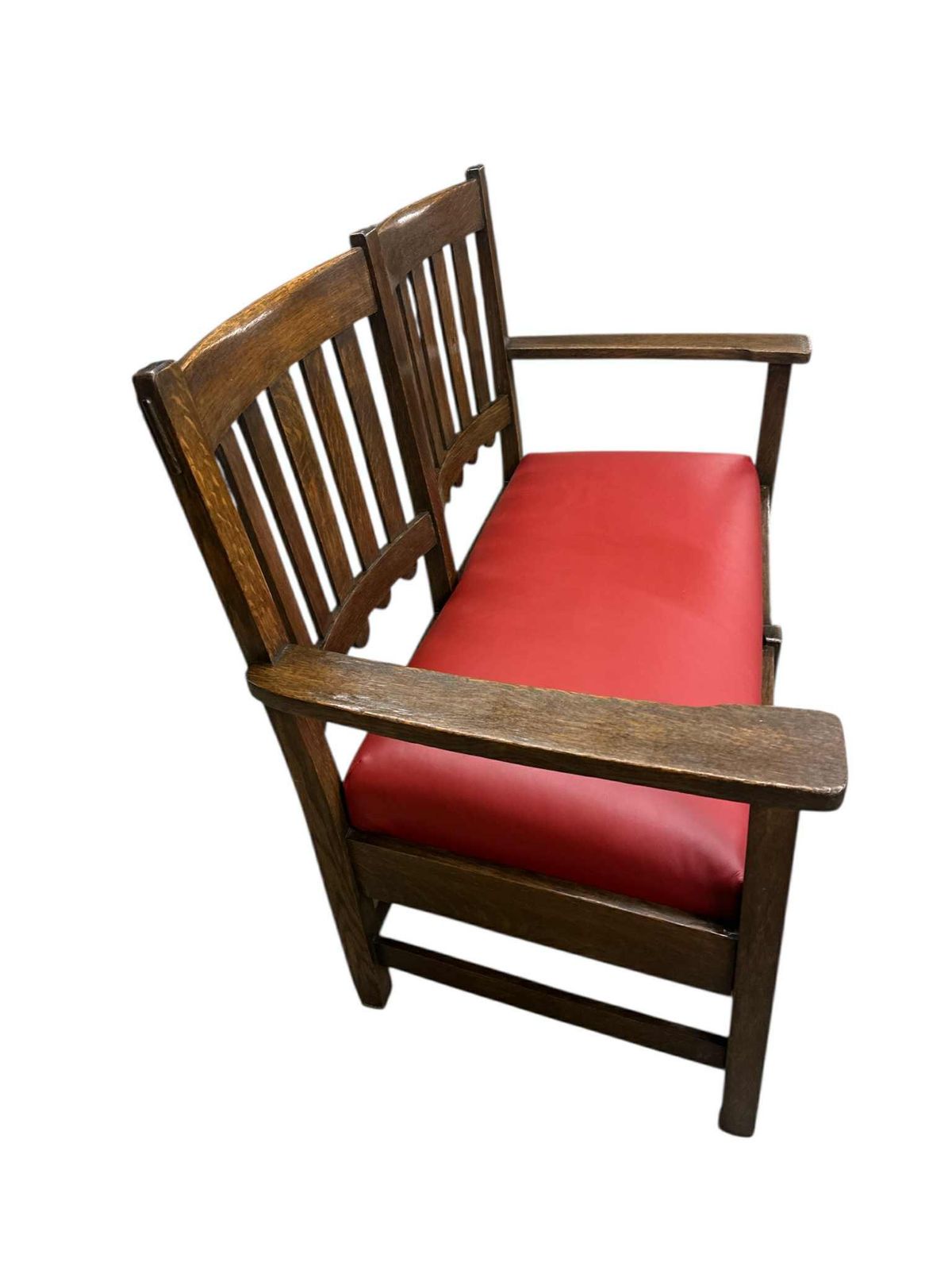 Stickley Brothers Grand Rapids Antique Settle Model #3887 - Quarter Sawn Oak and New Red Leather Seat - Circa 1910 - Image 4