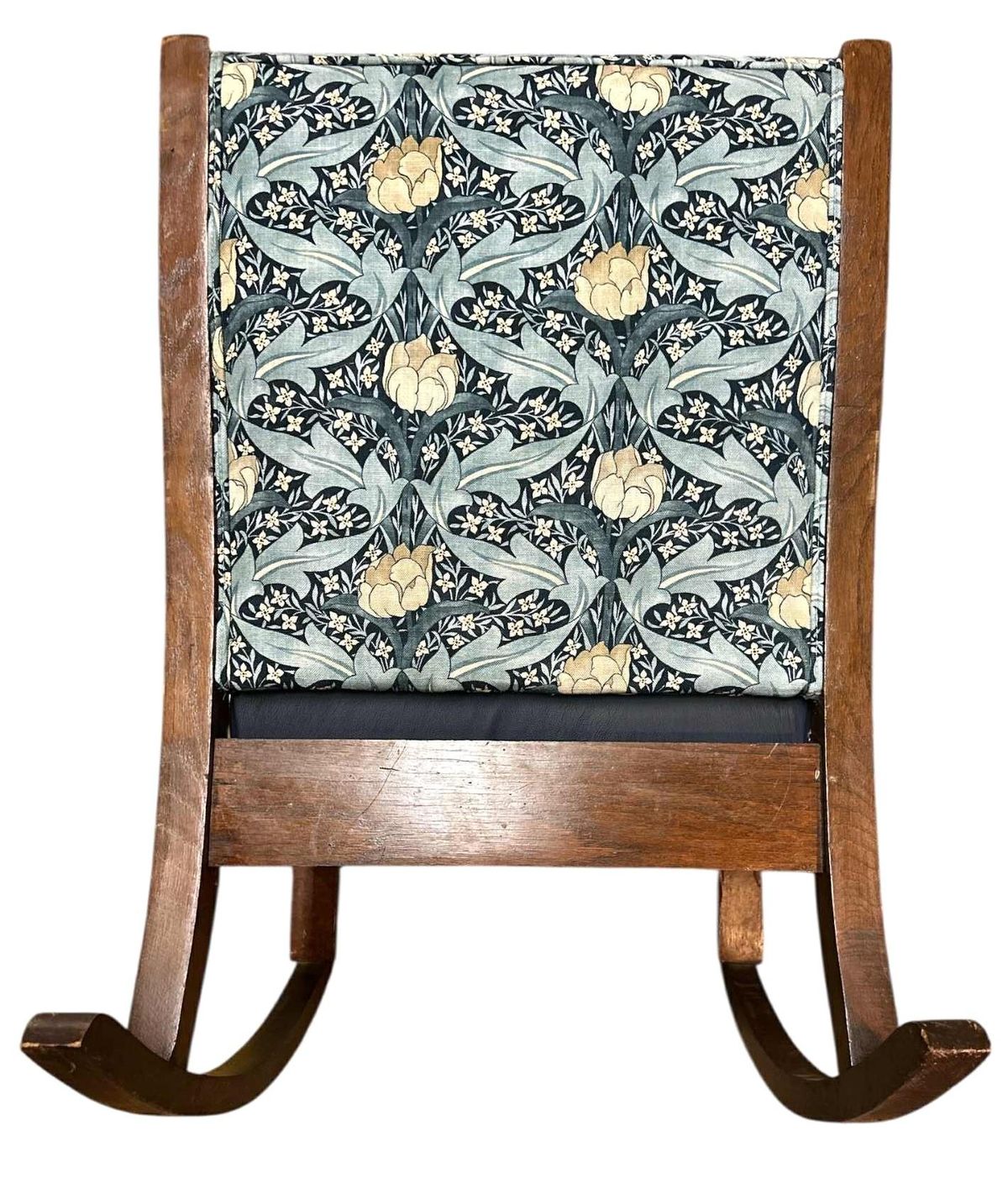 Late 19th Century Liberty & Co. Attributed Oak Rocking Chair With New G. P. & J. Baker Indigo and Ivory Linen and Indigo Leather - Image 4