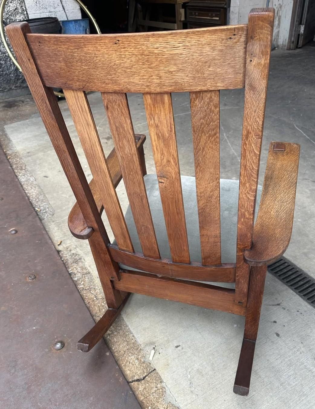 Antique Stickley Brothers Grand Rapids Mission Oak Rocking Chair With New Mohair Upholstery - Circa 1900 - Image 4