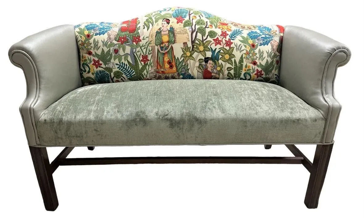Pair of Chippendale Camelback Settees in ‘Frida’s Garden’ Chintz and Celadon Leather and Velvet - Image 4