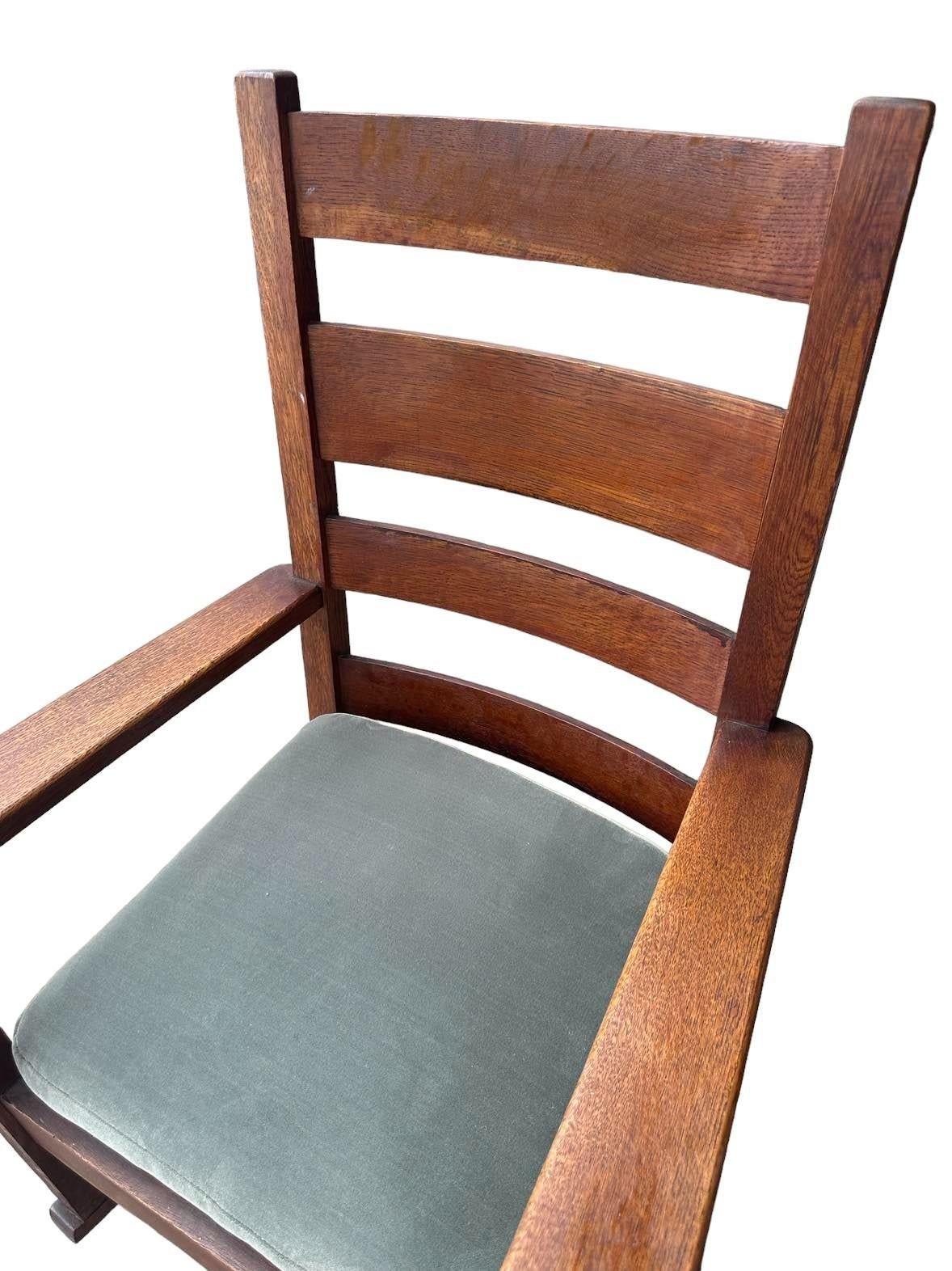 Antique Stickley Grand Rapids Quaint Furniture Mission Oak Rocking Chair With New Mohair Seat Upholstery - Image 4