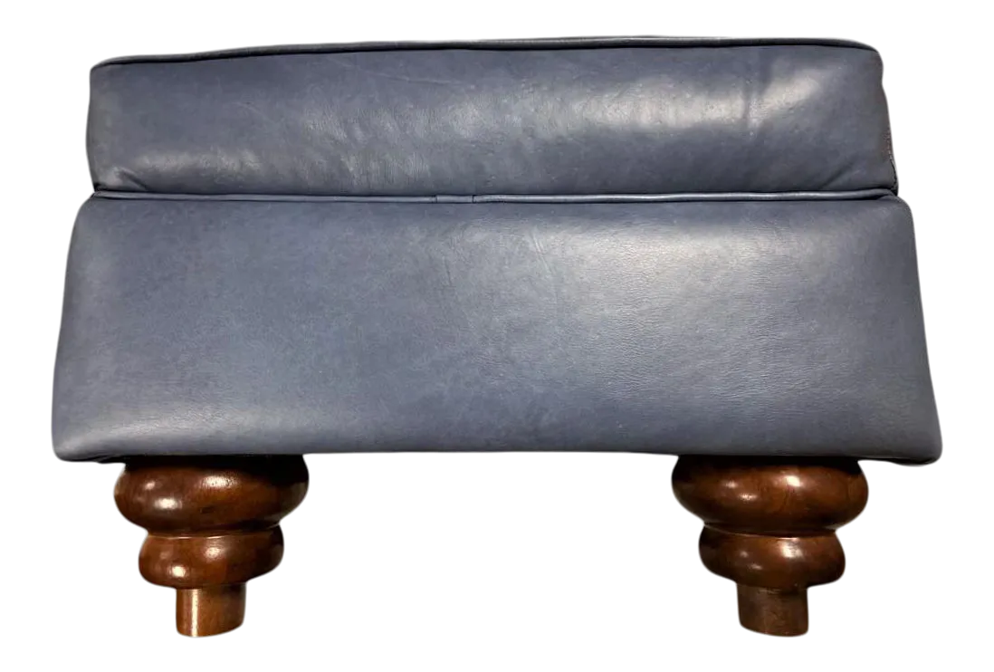 Mid 20th Century Traditional Ottoman Reupholstered in Soft Blue Italian Leather - Image 4