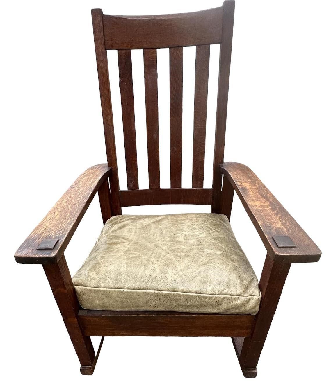 Antique Stickley Brothers Grand Rapids Mission Oak Rocking Chair With New Leather Upholstery - Circa 1900 - Image 4