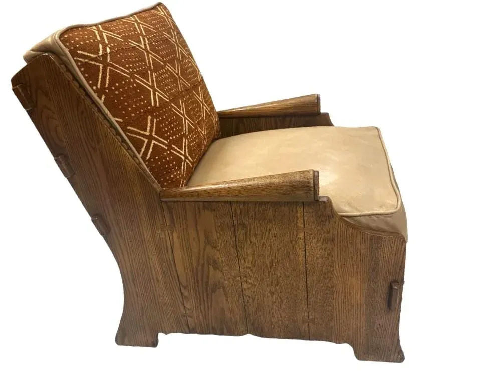 Romweber Viking Oak Sofa With Two Chairs - Upholstered With Artisanal African Textile and Leather - Vintage Mid 20th Century - Image 4