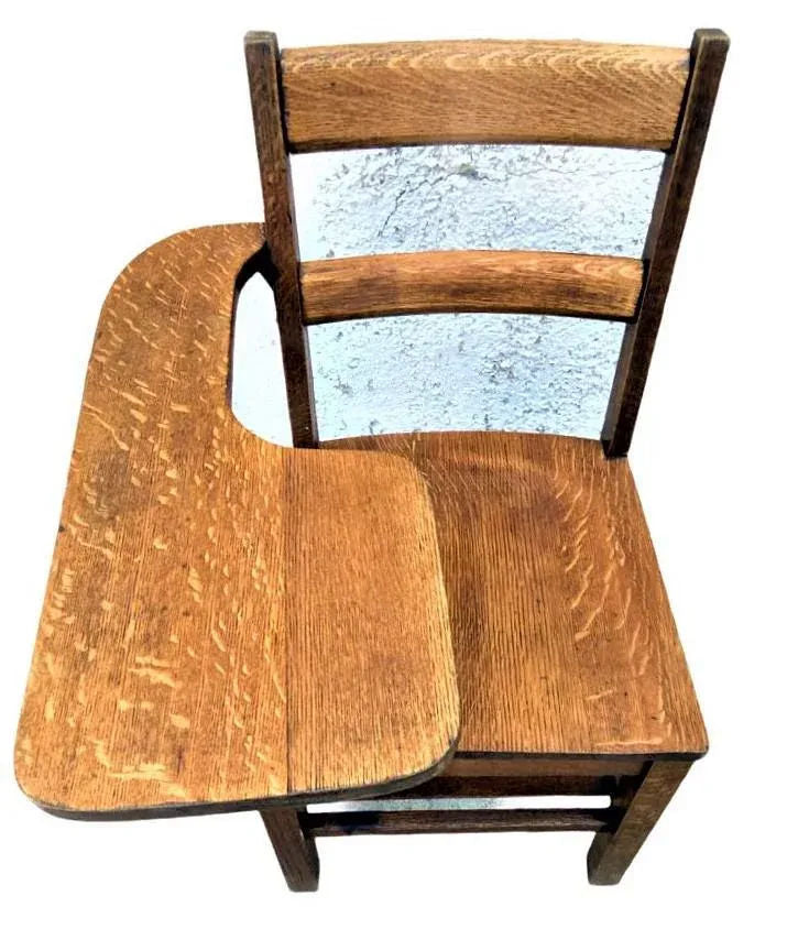 1910 Arts & Crafts Antique Quarter Sawn Oak Chair With Student Writing Surface - Image 5
