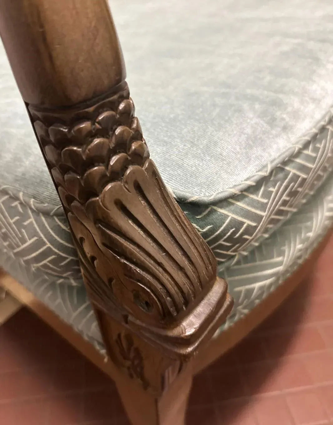 Baker Furniture Empire Style Carved Walnut Chair With Celadon Greek Key and Velvet Upholstery - Circa 1940s - Image 5