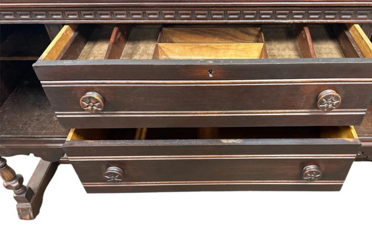 Rare Antique 1920s Baker Furniture Company Walnut Spanish Revival 72" Buffet Sideboard Made in Allegan, Michigan - Image 5