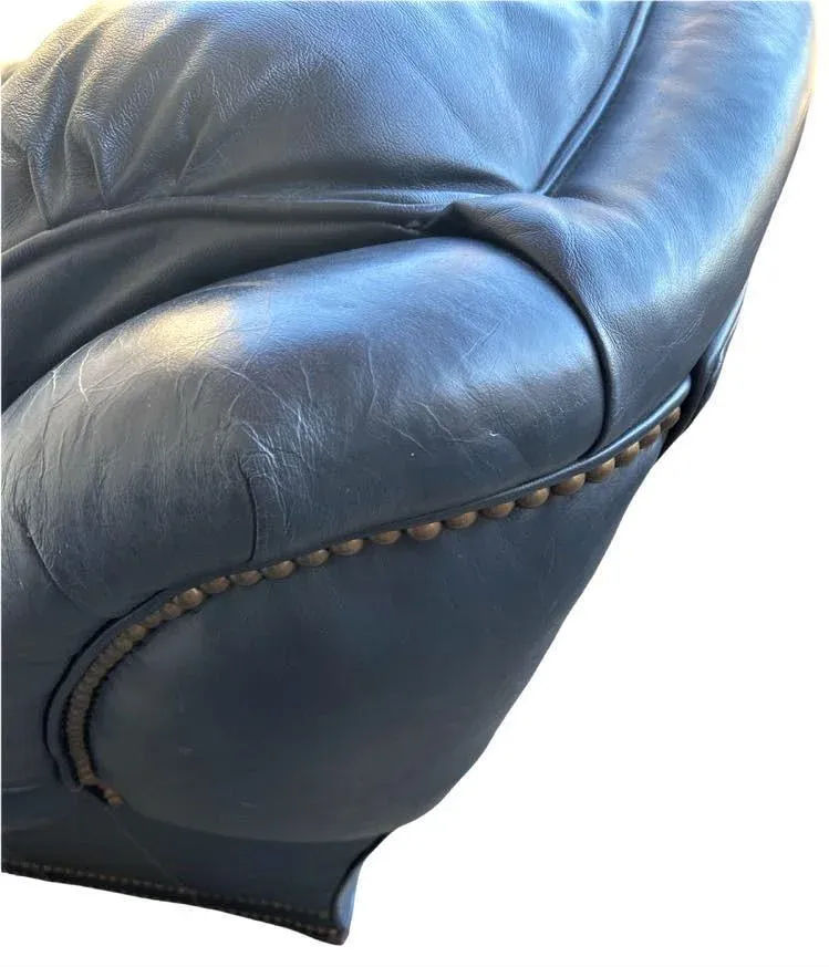 Vintage Button Tufted Leather Dark Blue Chair Made in North Carolina - Late 20th Century - Image 5