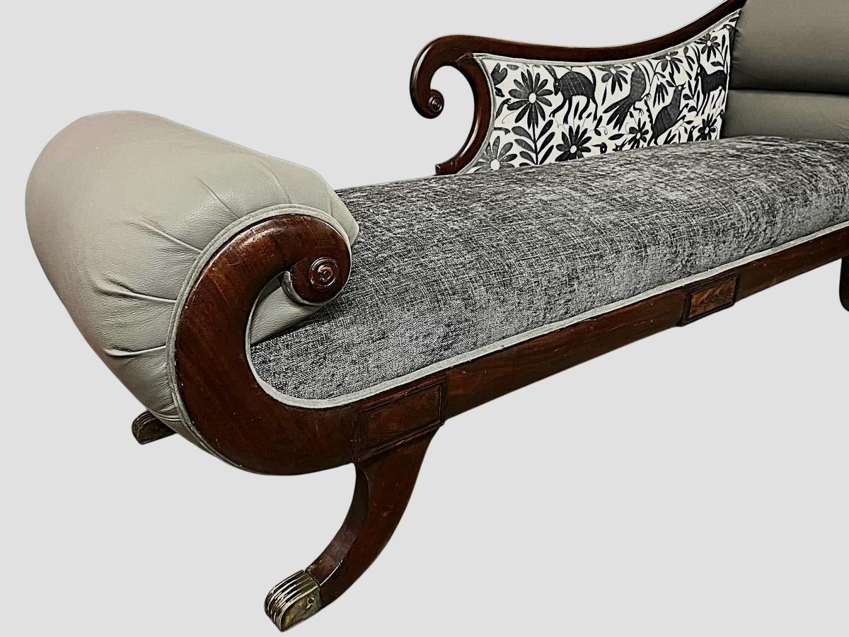 ‘Empress Carlota’ Mahogany Empire Chaise - Circa 1860s - Reupholstered With New Otomi Hand Embroidery and Leather - Image 5