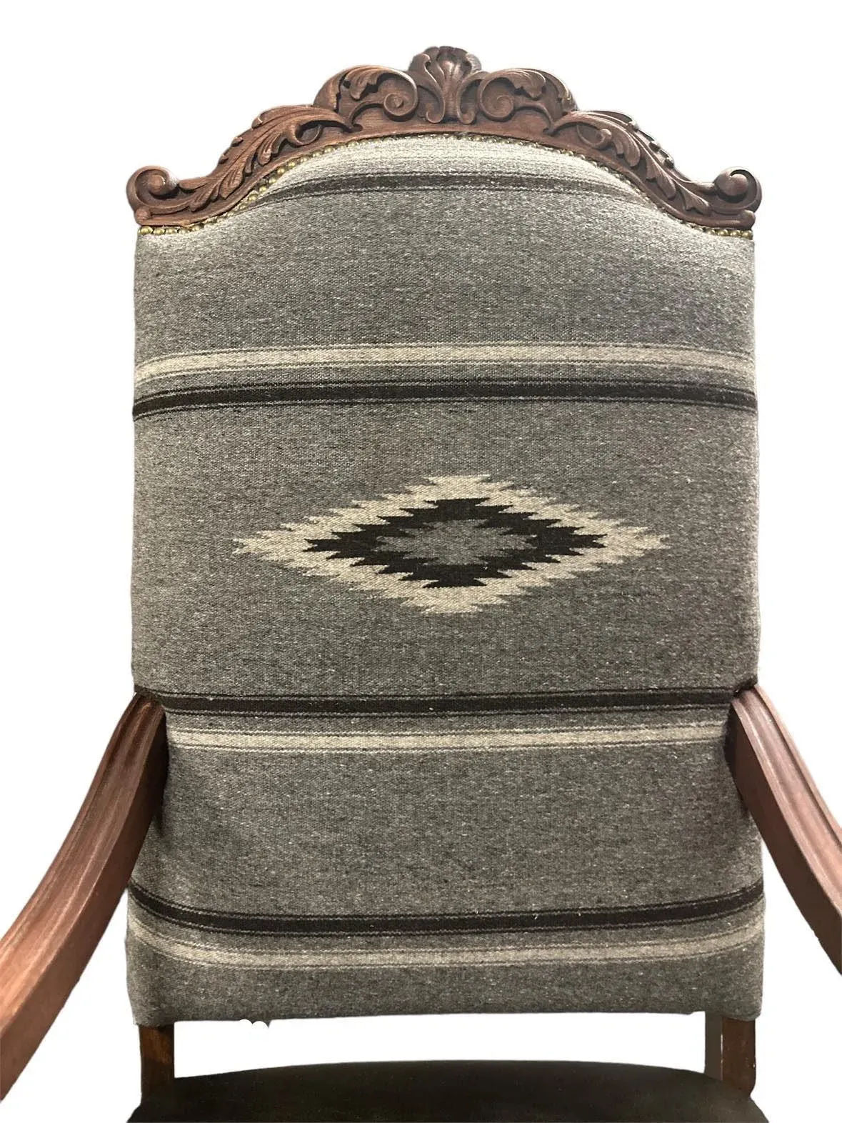Antique Carved Hacienda Chair Upholstered With Oaxaca Wool Tapestry and Leather - Image 5
