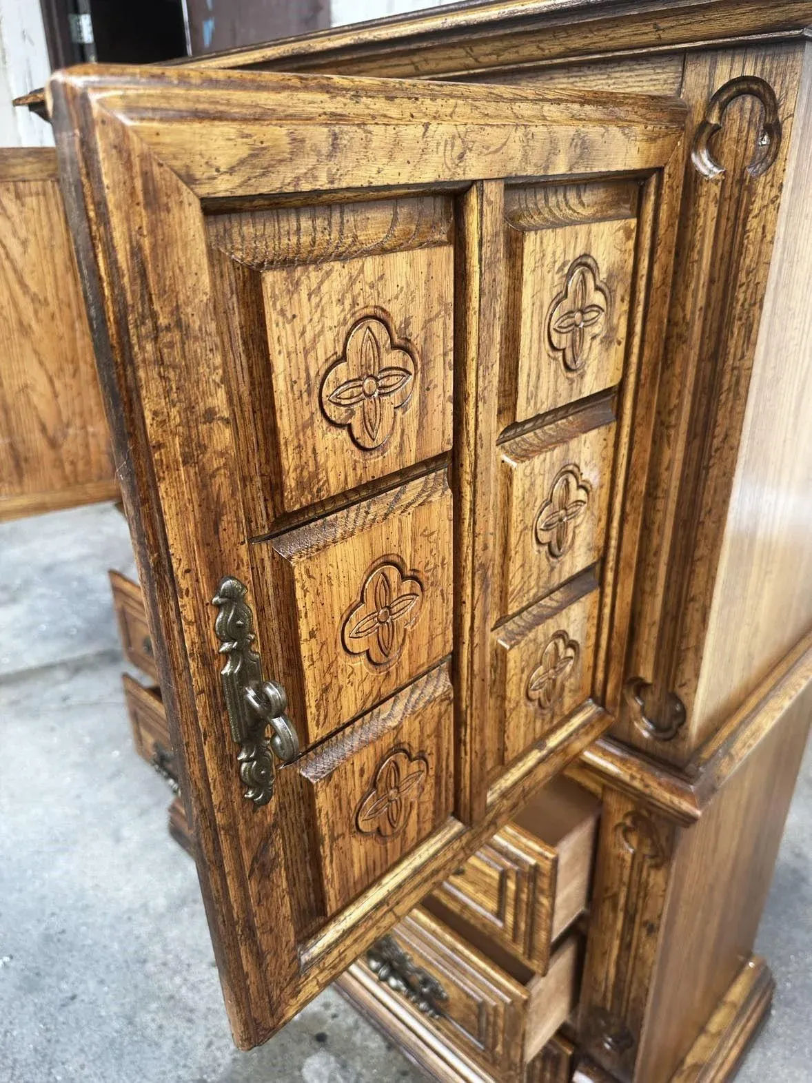 Spanish Revival Oak Armoire or Liquor Cabinet - Vintage Circa 1970s - Image 5