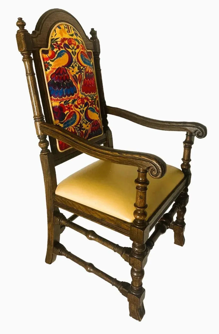 Ethan Allen Vintage Royal Charter Oak Chairs With Chiapas Embroidery, Leather, and Fabric Upholstery - Set of 6 - Image 5