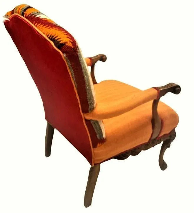 Pumpkin Colored Carved Antique Hacienda Chair Reupholstered With Hand Loomed Oaxaca Tapestry and Manta Cloth - Image 5