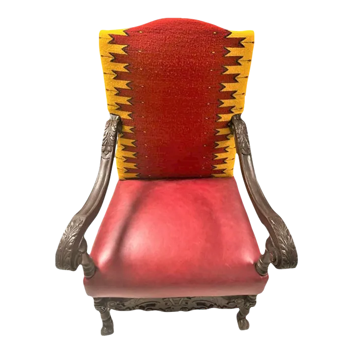 Antique Hacienda Throne Chair Reupholstered With Hand Loomed Oaxaca Tapestry and Leather - Image 5