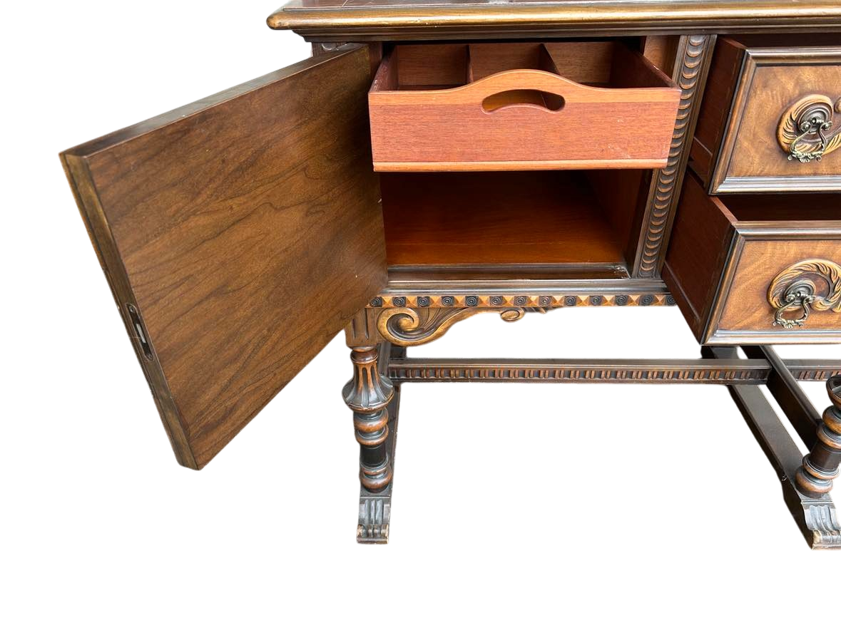 Antique Berkey & Gay Spanish Revival Ornate Walnut and Burlwood 72" Sideboard - Crafted in Grand Rapids Circa 1917 - Image 5