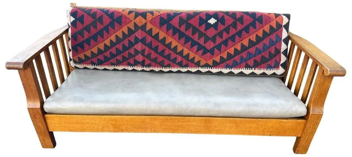 Antique Circa 1910 Oak Arts & Crafts Large 78” Settle With New Leather and Hand Made Persian Kilim Upholstered Cushions - Image 5