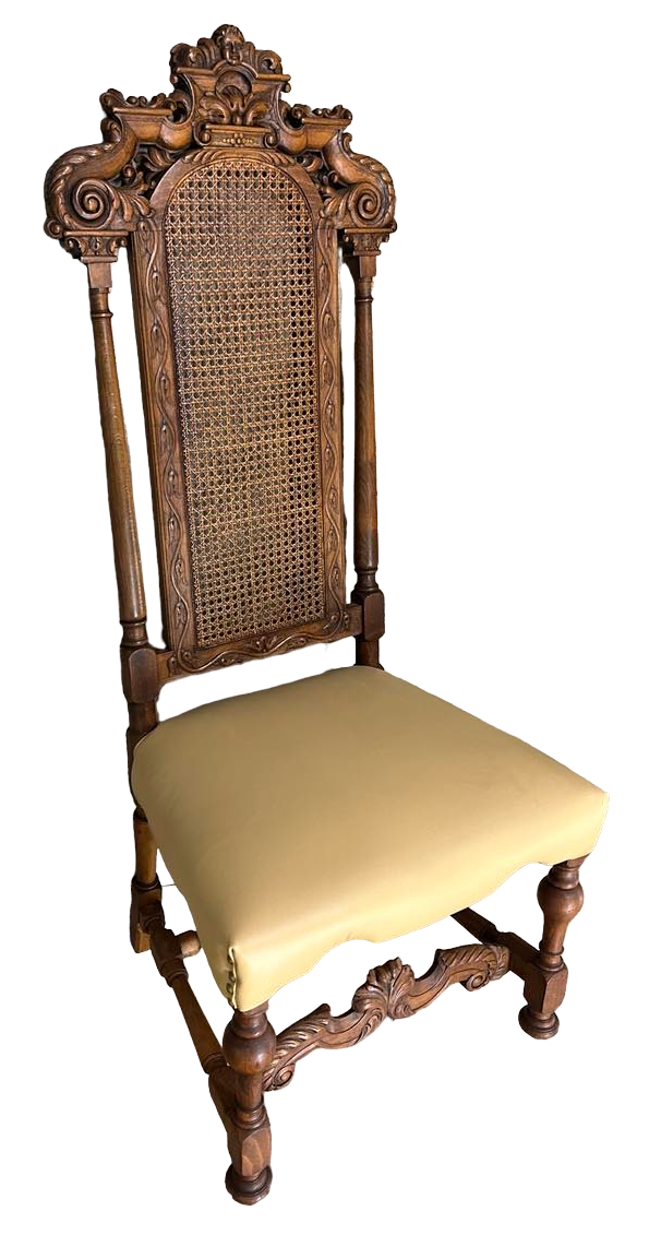 Antique 19th Century Ornately Carved Oak and Caning Renaissance Revival Chairs With New Leather Seat Upholstery - a Pair - Image 5