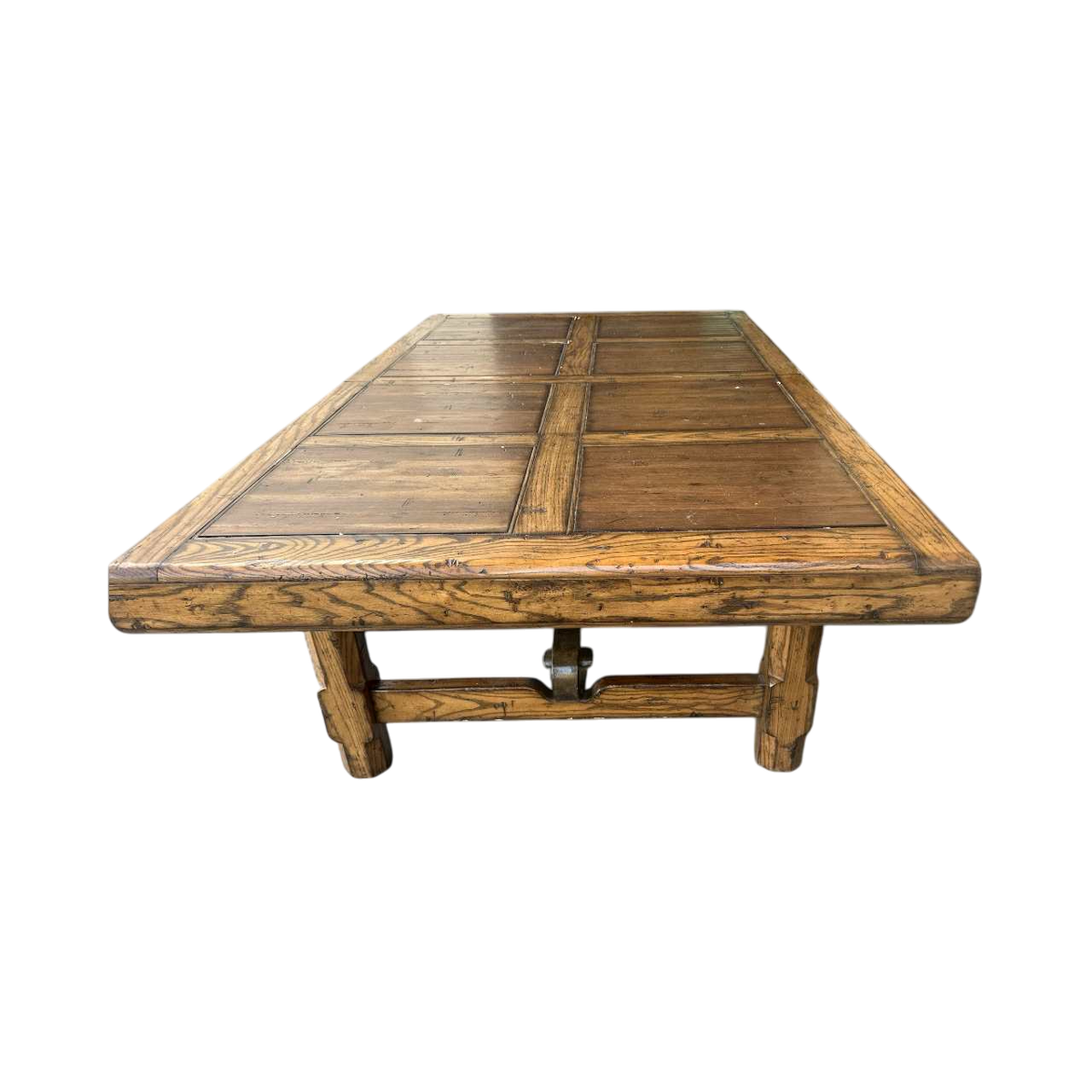 Late 20th Century Monumental Spanish Rustic Style Solid Oak Refectory Table With Heavy Iron Cursive Stretchers - Image 5