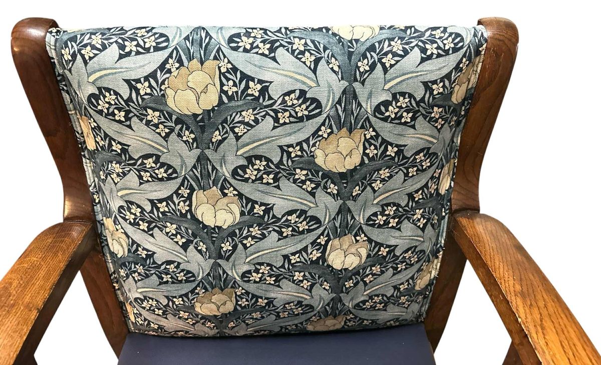 Late 19th Century Liberty & Co. Attributed Oak Rocking Chair With New G. P. & J. Baker Indigo and Ivory Linen and Indigo Leather - Image 5