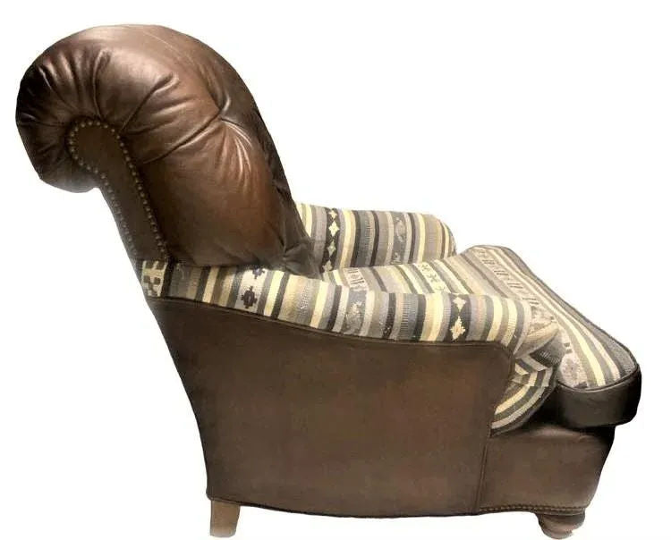 Vintage Chesterfield Leather Writer's Chair and Ottoman With Oriental Tapestry Details - Image 5