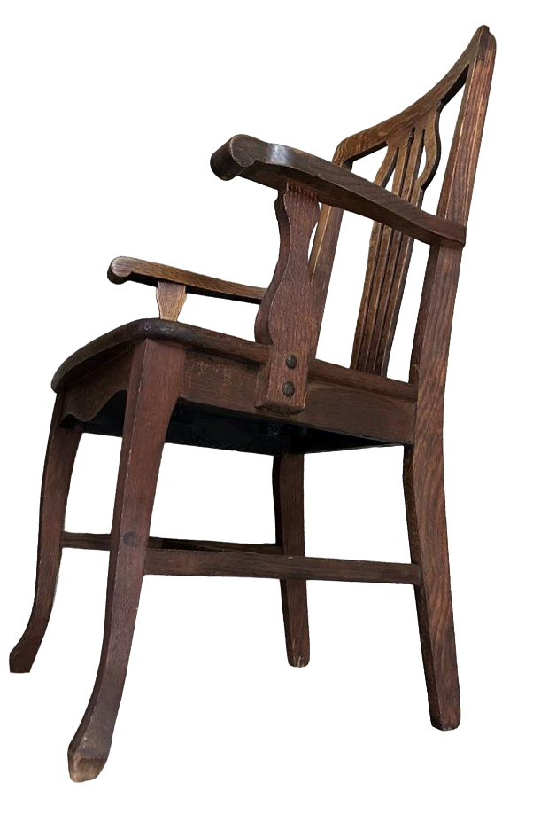 Antique English Liberty and Wyburd Attributed Arts & Crafts Quarter Sawn Oak Arm Chair With New Leather Seat Upholstery - Image 5